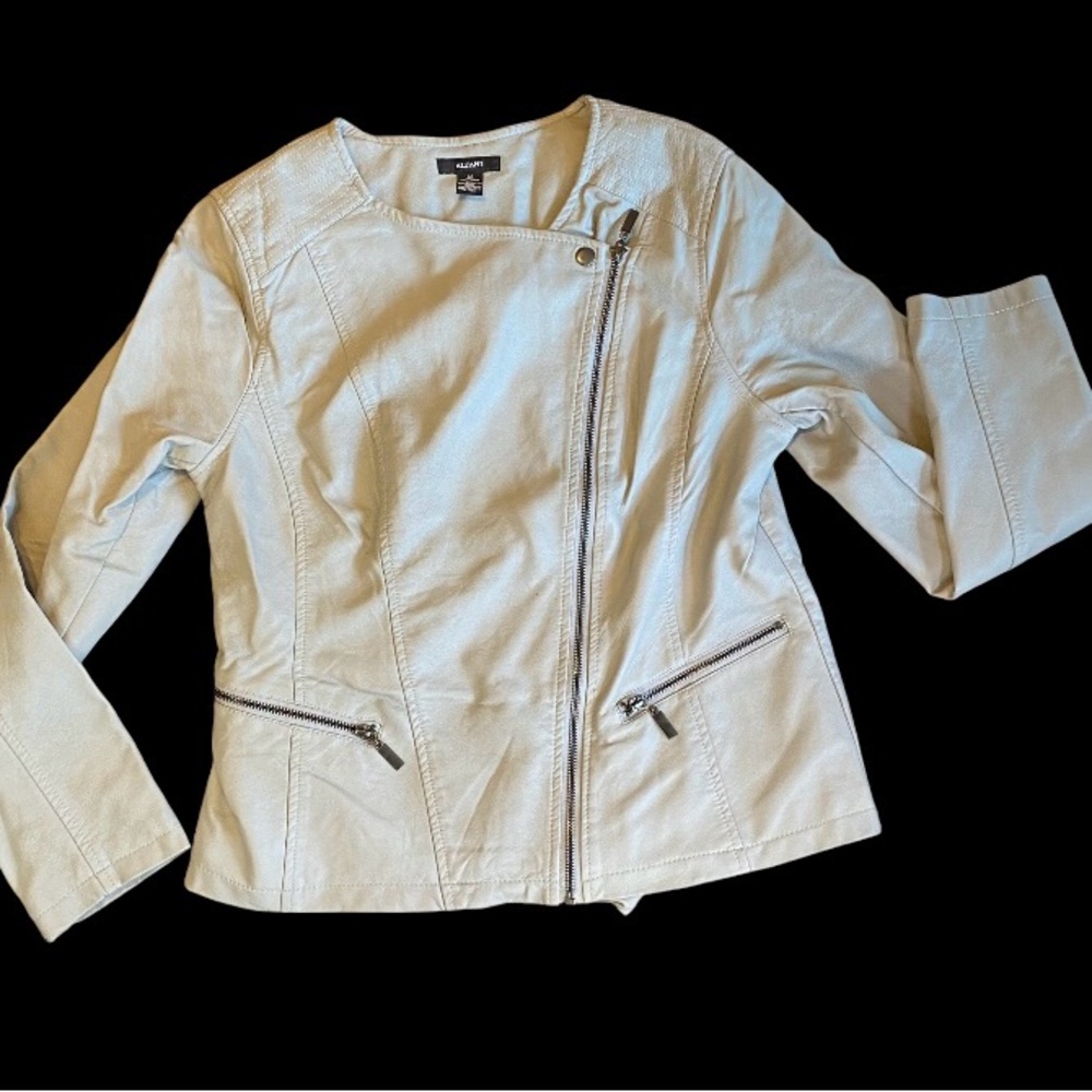 Women's Jacket Sz M ALFANI Faux Leather Moto Urban Gray Zippered Front Fitted